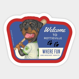 Cute Rottweiler in Baseball Uniform in Rottieville for fun Sticker